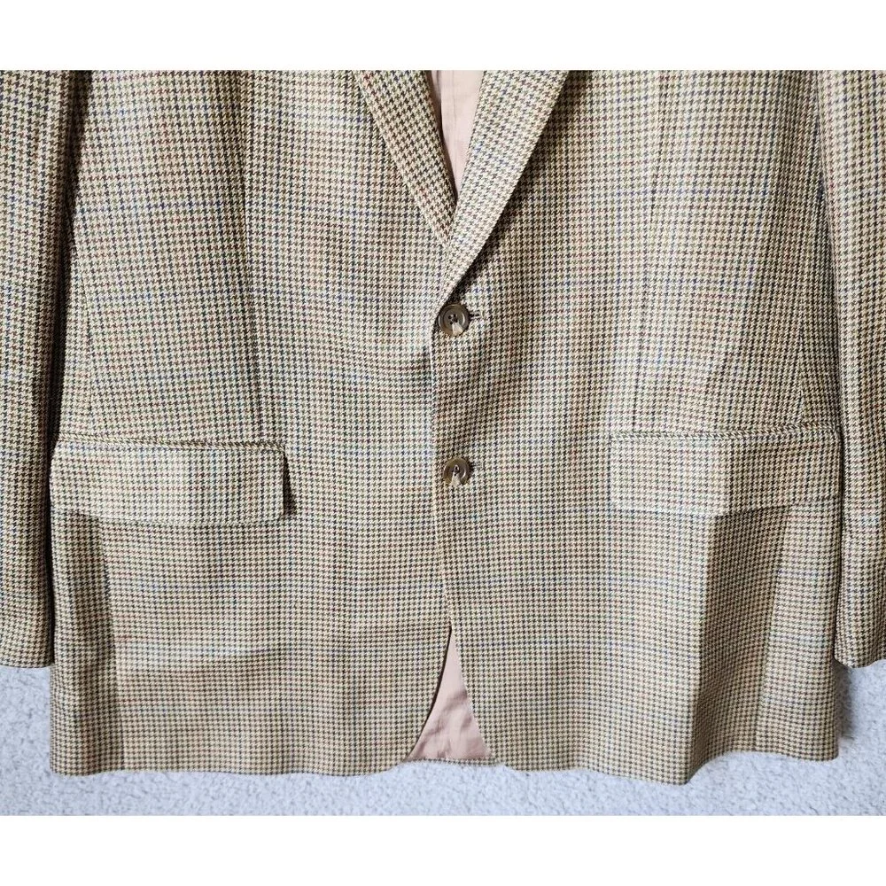 CHAPS Beige Houndstooth Blazer Sport Coat Suit Jacket Men's Size 42‎ R 100% Silk